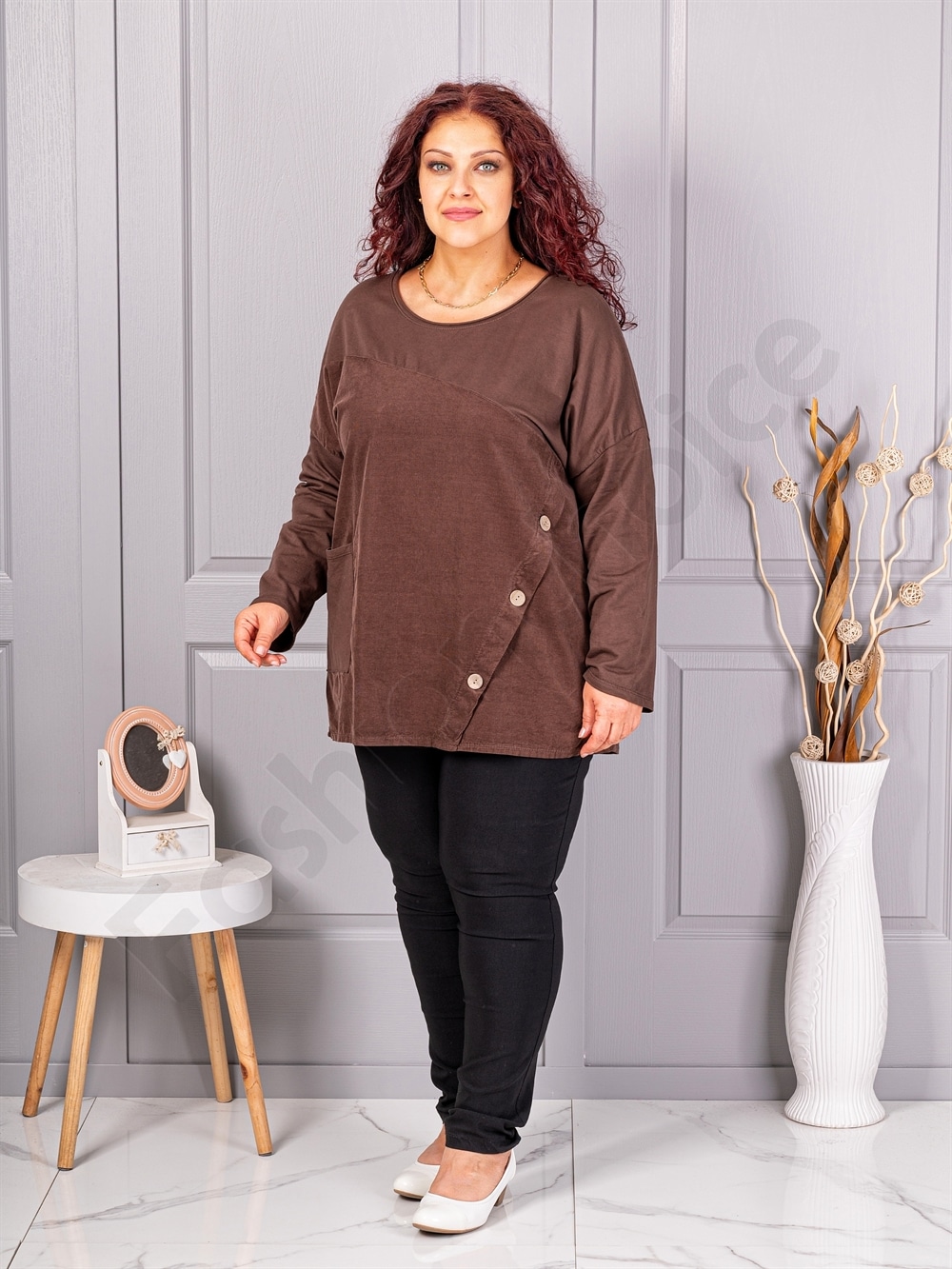 Plus size μπλούζα με τσέπη-καφέ-κωδ 99989-5