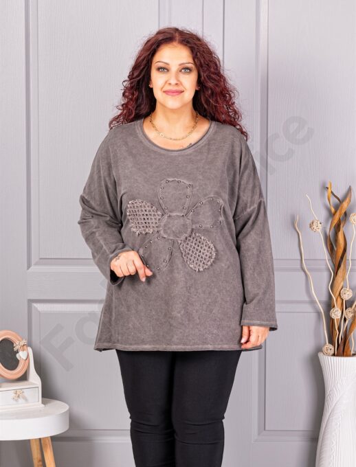 Plus size μπλούζα με απλικέ λουλούδι-καφέ-κωδ 1150-4
