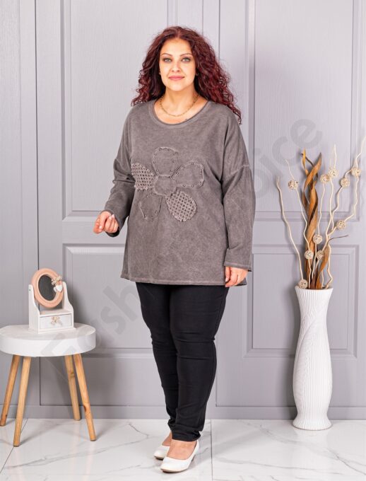 Plus size μπλούζα με απλικέ λουλούδι-καφέ-κωδ 1150-4