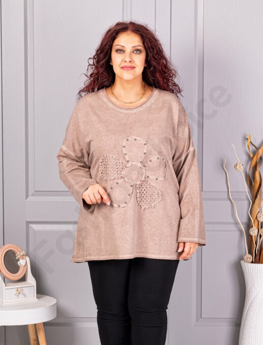 Plus size μπλούζα με απλικέ λουλούδι-μπεζ-κωδ 1150-6