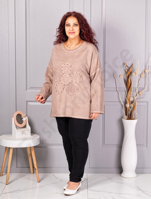 Plus size μπλούζα με απλικέ λουλούδι-μπεζ-κωδ 1150-6