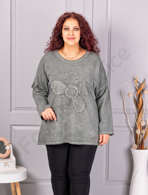 Plus size μπλούζα με απλικέ λουλούδι-χακί-κωδ 1150-1