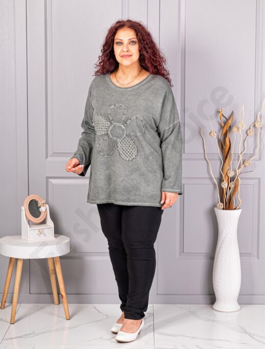 Plus size μπλούζα με απλικέ λουλούδι-χακί-κωδ 1150-1