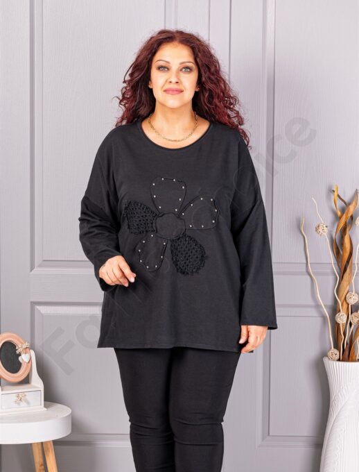 Plus size μπλούζα με απλικέ λουλούδι-μαύρο-κωδ 1150