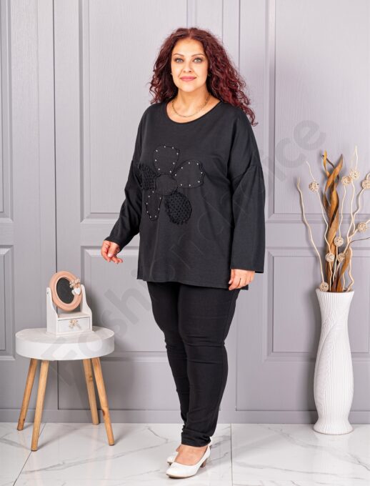Plus size μπλούζα με απλικέ λουλούδι-μαύρο-κωδ 1150