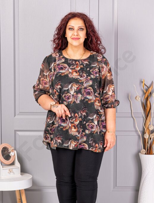 Plus size σιφόν μπλούζα φλοράλ-μαύρο-κωδ 23007-3