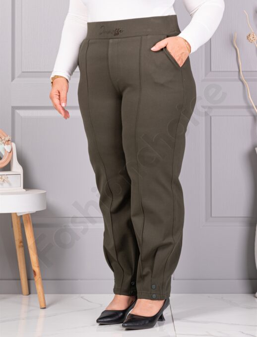 Plus size παντελόνι ψηλόμεσο με τσάκιση-χακί-κωδ 73205