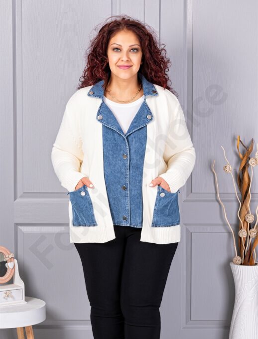 Plus size πλεκτή ζακέτα με τζιν λεπτομέρειες-εκρού-κωδ 85788