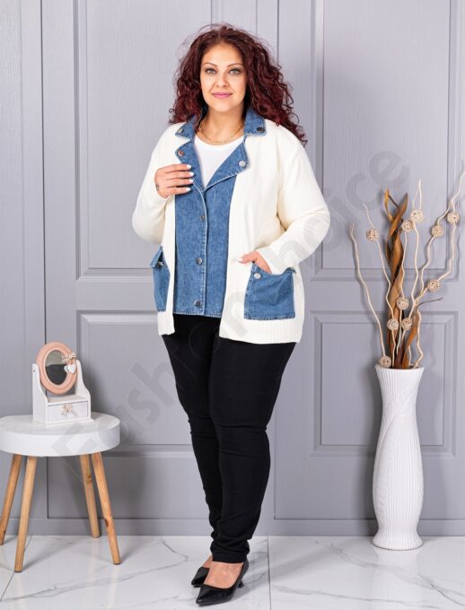 Plus size πλεκτή ζακέτα με τζιν λεπτομέρειες-εκρού-κωδ 85788