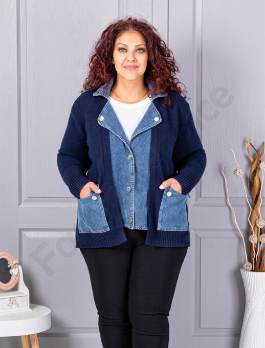 Plus size πλεκτή ζακέτα με τζιν λεπτομέρειες-σκούρο μπλε-κωδ 85788-1