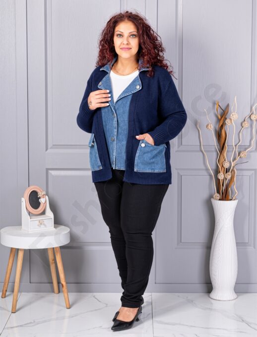 Plus size πλεκτή ζακέτα με τζιν λεπτομέρειες-σκούρο μπλε-κωδ 85788-1