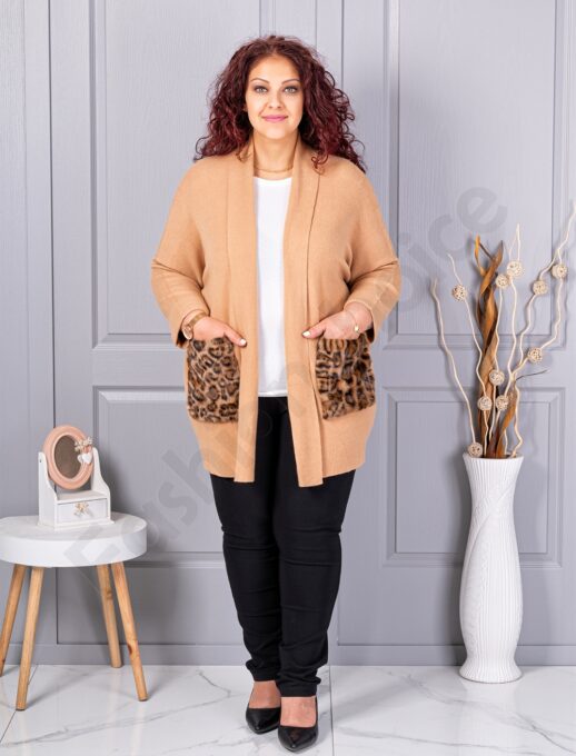 Plus size ζακέτα με χνουδωτές λεοπάρ τσέπες-καμηλό-κωδ 2079-2