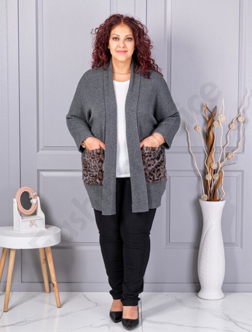 Plus size ζακέτα με χνουδωτές λεοπάρ τσέπες-γκρι-κωδ 2079-1