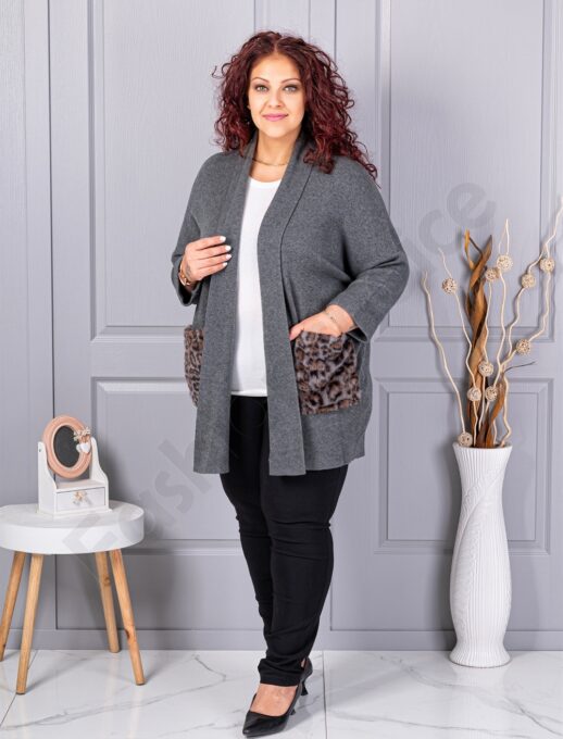 Plus size ζακέτα με χνουδωτές λεοπάρ τσέπες-γκρι-κωδ 2079-1