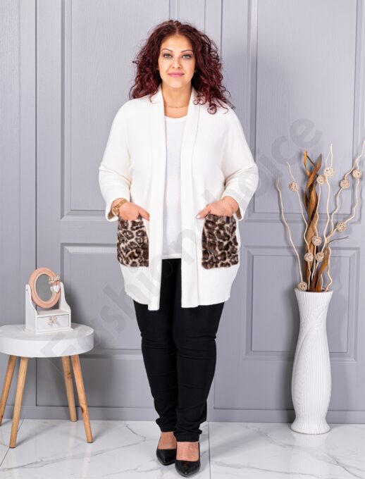 Plus size ζακέτα με χνουδωτές λεοπάρ τσέπες-λευκό-κωδ 2079-3