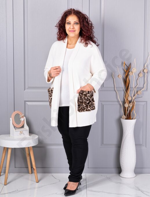 Plus size ζακέτα με χνουδωτές λεοπάρ τσέπες-λευκό-κωδ 2079-3
