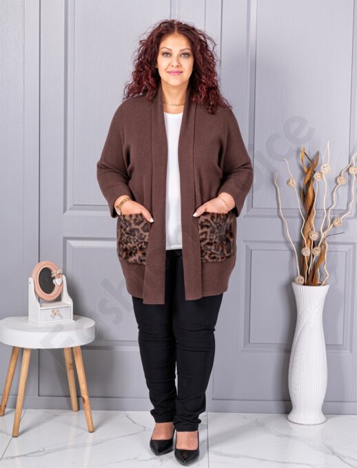 Plus size ζακέτα με χνουδωτές λεοπάρ τσέπες-καφέ-κωδ 2079-4