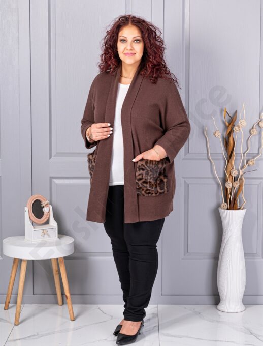 Plus size ζακέτα με χνουδωτές λεοπάρ τσέπες-καφέ-κωδ 2079-4