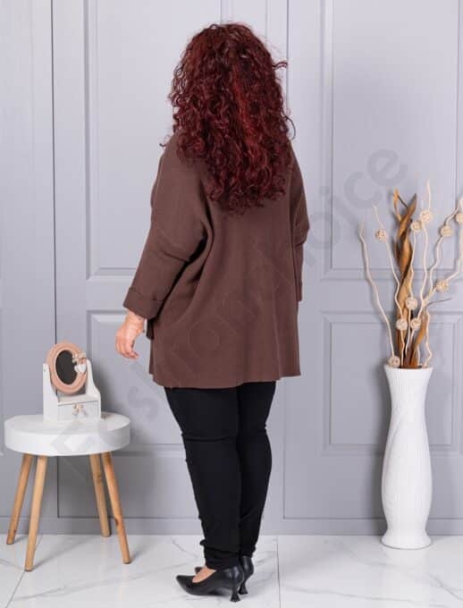 Plus size ζακέτα με χνουδωτές λεοπάρ τσέπες-καφέ-κωδ 2079-4