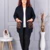 Plus size ζακέτα με χνουδωτές λεοπάρ τσέπες-μαύρο-κωδ 2079