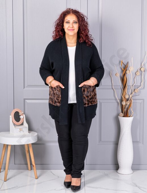 Plus size ζακέτα με χνουδωτές λεοπάρ τσέπες-μαύρο-κωδ 2079