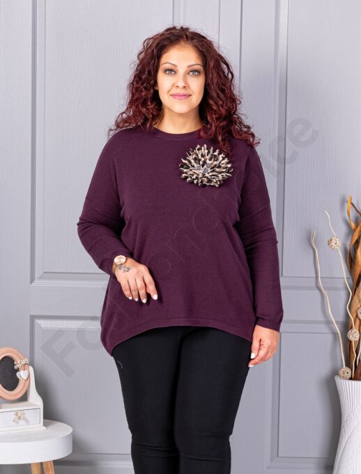 Plus size πλεκτή μπλούζα με καρφίτσα λουλούδι-βουργουνδί-κωδ 2209-2
