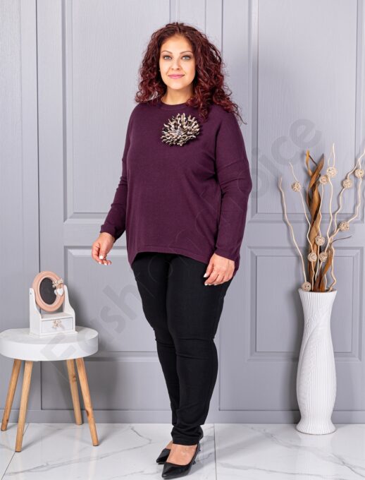 Plus size πλεκτή μπλούζα με καρφίτσα λουλούδι-βουργουνδί-κωδ 2209-2