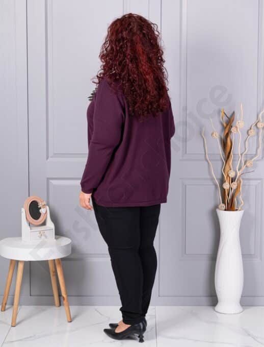 Plus size πλεκτή μπλούζα με καρφίτσα λουλούδι-βουργουνδί-κωδ 2209-2