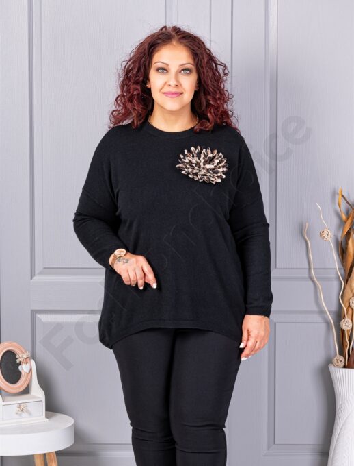 Plus size πλεκτή μπλούζα με καρφίτσα λουλούδι-μαύρο-κωδ 2209