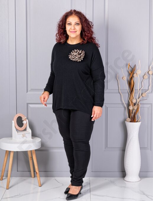 Plus size πλεκτή μπλούζα με καρφίτσα λουλούδι-μαύρο-κωδ 2209