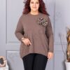 Plus size πλεκτή μπλούζα με καρφίτσα λουλούδι-καφέ-κωδ 2209-4