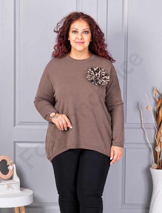 Plus size πλεκτή μπλούζα με καρφίτσα λουλούδι-καφέ-κωδ 2209-4