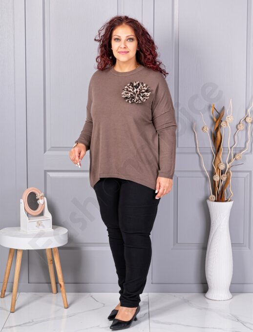 Plus size πλεκτή μπλούζα με καρφίτσα λουλούδι-καφέ-κωδ 2209-4