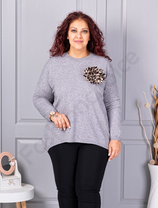 Plus size πλεκτή μπλούζα με καρφίτσα λουλούδι-γκρι-κωδ 2209-1