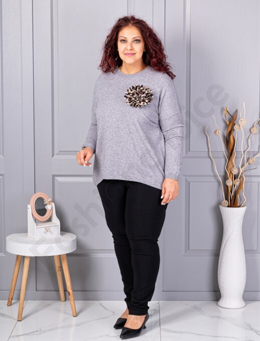 Plus size πλεκτή μπλούζα με καρφίτσα λουλούδι-γκρι-κωδ 2209-1