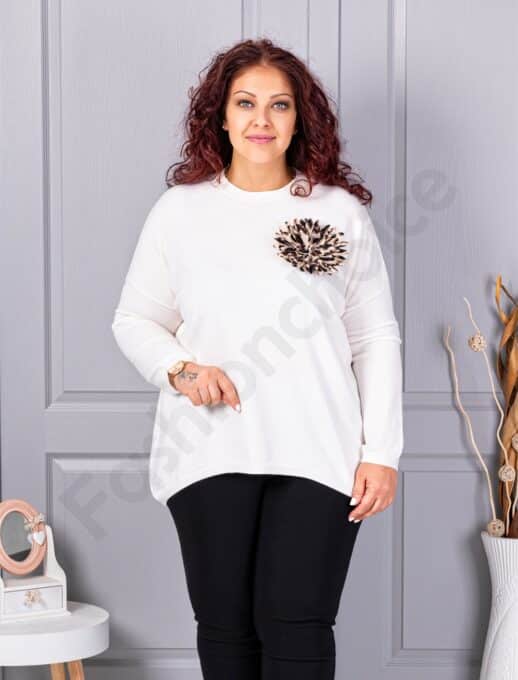 Plus size πλεκτή μπλούζα με καρφίτσα λουλούδι-λευκό-κωδ 2209-3