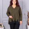 Plus size πλεκτή μπλούζα με δαντέλα-χακί-κωδ 8224-1