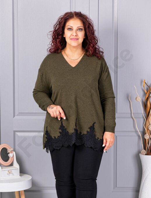Plus size πλεκτή μπλούζα με δαντέλα-χακί-κωδ 8224-1