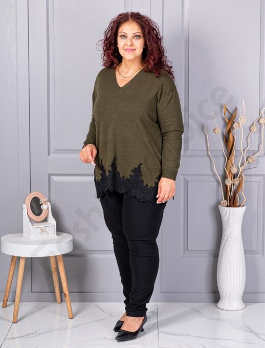 Plus size πλεκτή μπλούζα με δαντέλα-χακί-κωδ 8224-1