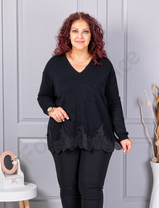 Plus size πλεκτή μπλούζα με δαντέλα-μαύρο-κωδ 8224