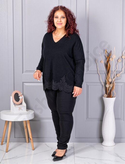 Plus size πλεκτή μπλούζα με δαντέλα-μαύρο-κωδ 8224