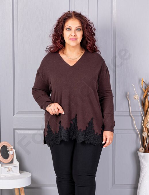 Plus size πλεκτή μπλούζα με δαντέλα-καφέ-κωδ 8224-4