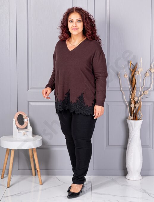 Plus size πλεκτή μπλούζα με δαντέλα-καφέ-κωδ 8224-4