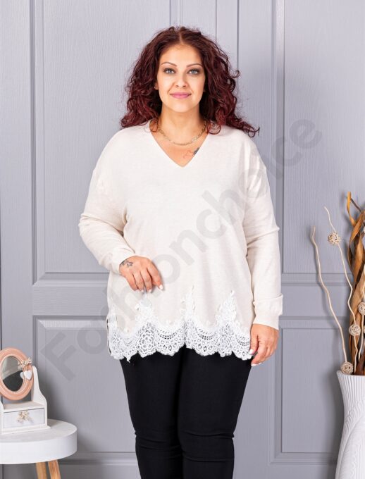 Plus size πλεκτή μπλούζα με δαντέλα-εκρού-κωδ 8224-3