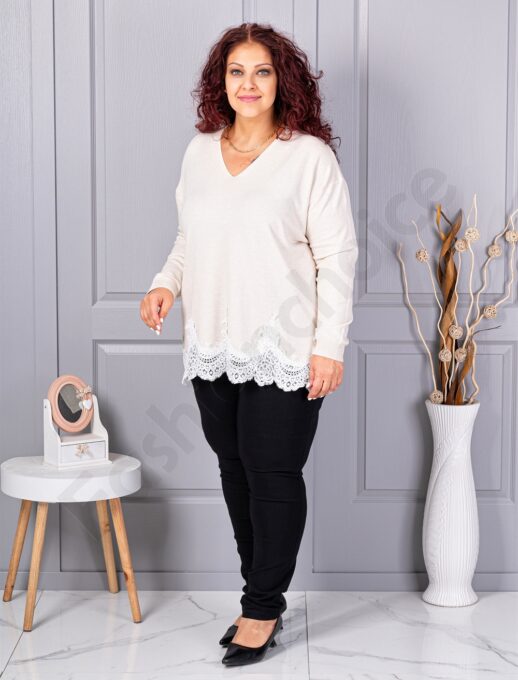 Plus size πλεκτή μπλούζα με δαντέλα-εκρού-κωδ 8224-3