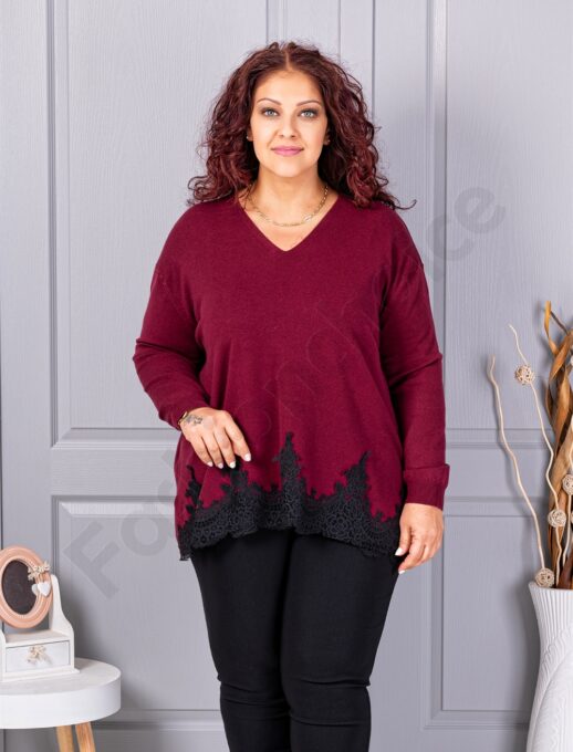 Plus size πλεκτή μπλούζα με δαντέλα-μπορντό-κωδ 8224-2