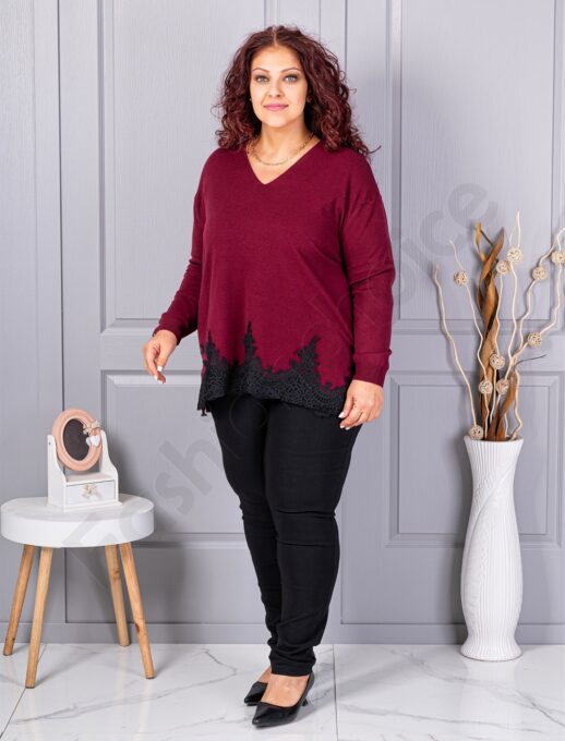 Plus size πλεκτή μπλούζα με δαντέλα-μπορντό-κωδ 8224-2