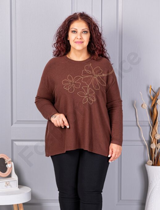 Plus size πλεκτή μπλούζα με απλικέ-καφέ-κωδ 6869-5
