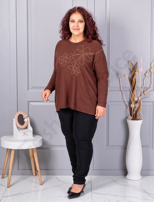 Plus size πλεκτή μπλούζα με απλικέ-καφέ-κωδ 6869-5