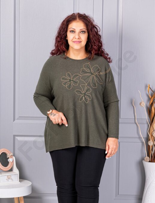 Plus size πλεκτή μπλούζα με απλικέ-χακί-κωδ 6869-3